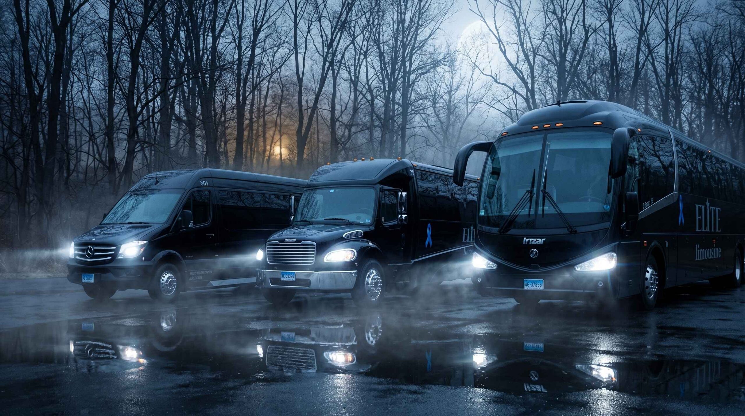 Elite Limousine Mercedes Sprinter van, party bus and motorcoach parked on a foggy moonlit road in the woods on Halloween night