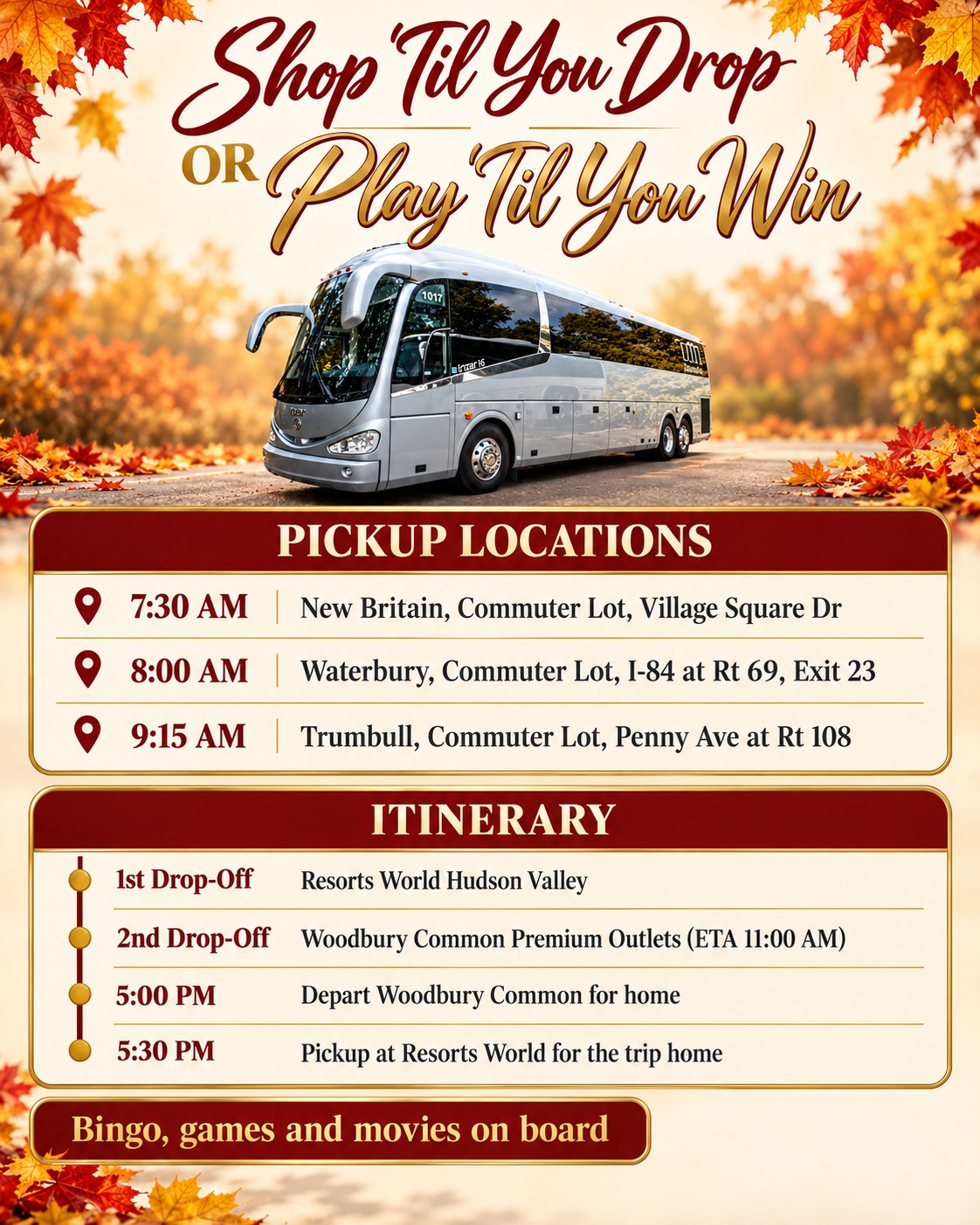 Pickup locations and itinerary for the November 14, 2026 shopping or casino day trip
